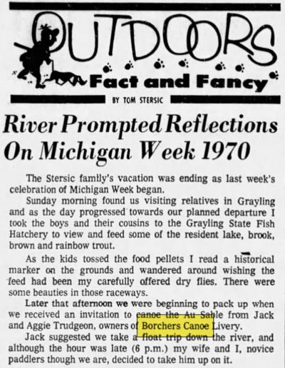 Borchers AuSable Canoe & Kayak - May 24 1970 Article (newer photo)